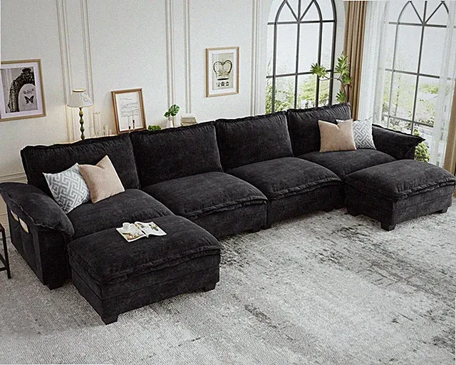 U-Shaped 6-Seater Chenille Sofa with Ottoman for Living Room, Black