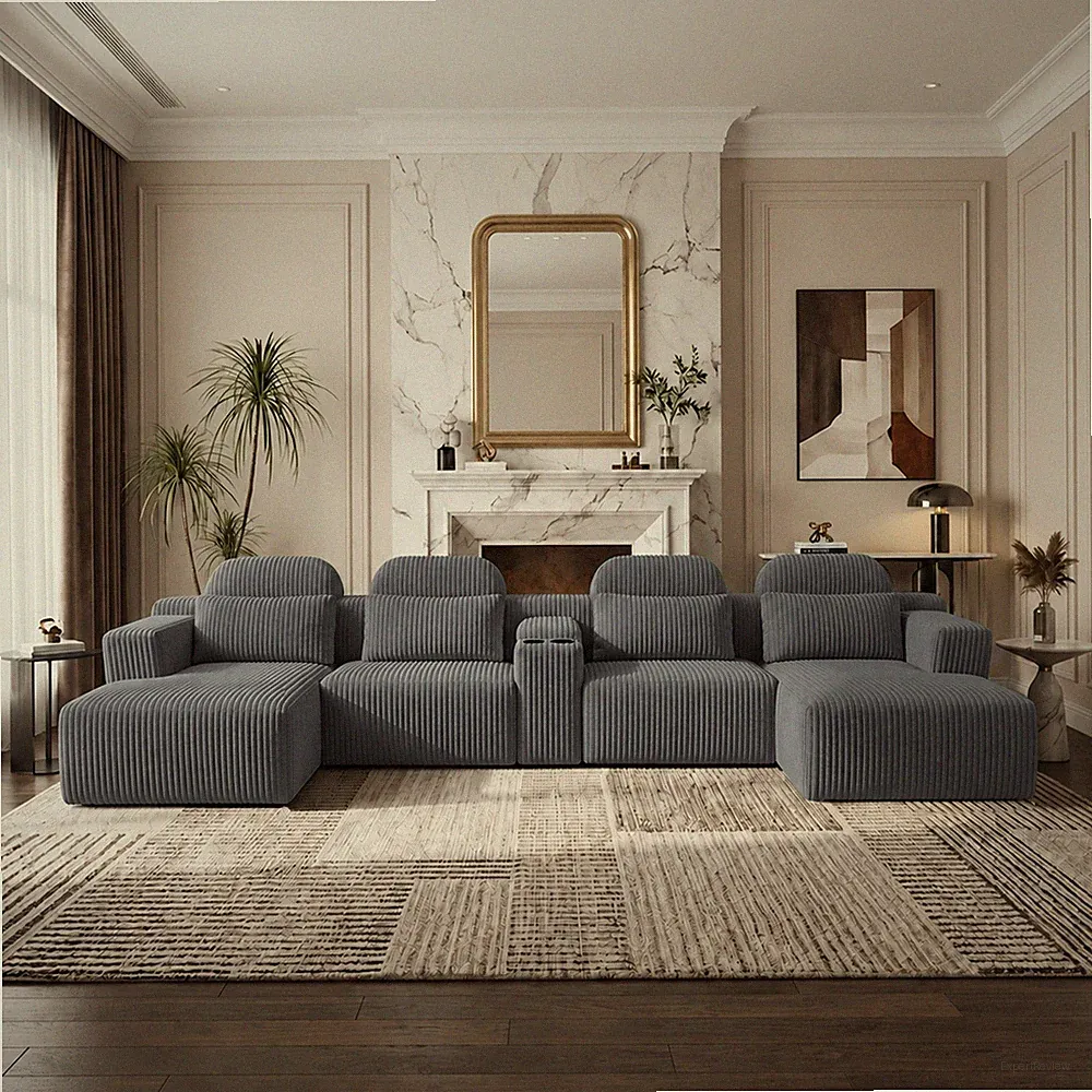 U-Shaped 6-Seater Corduroy Sectional Sofa w/ Cup Holder & Storage