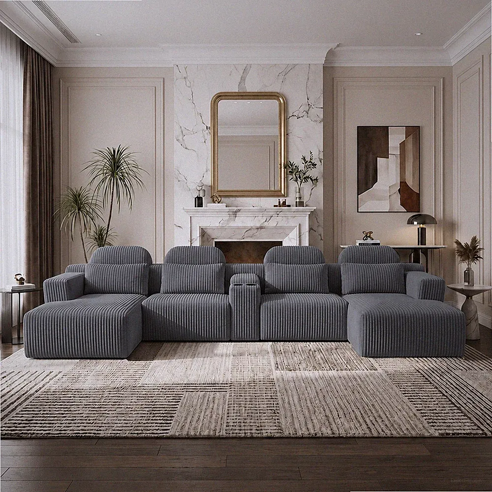 U-Shaped 6-Seater Corduroy Sectional Sofa with Cup Holder & Storage