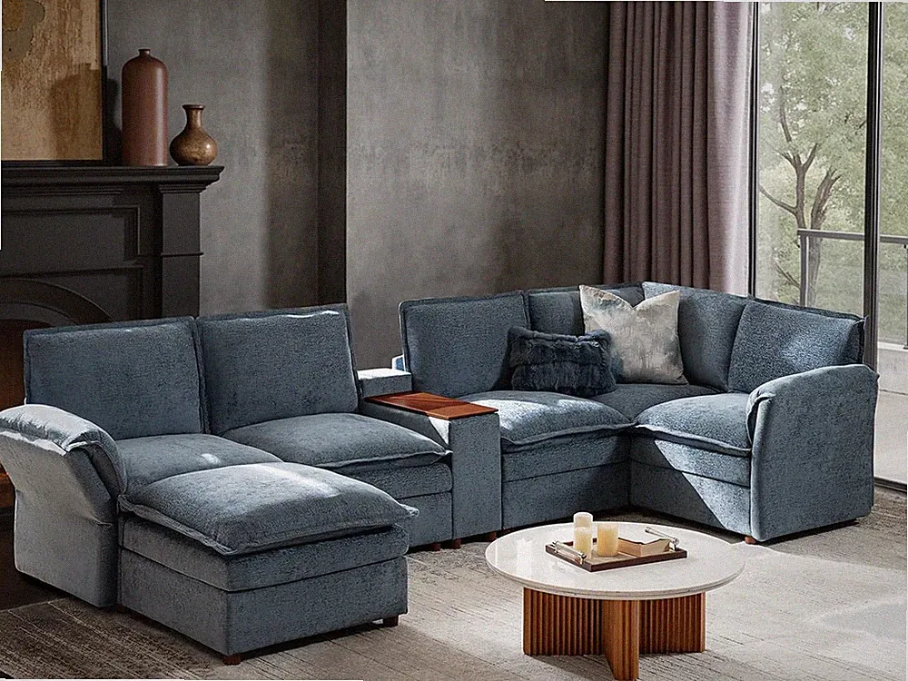 U-Shaped 6-Seater Sectional Sofa with Storage Console & Charging Station, Modula