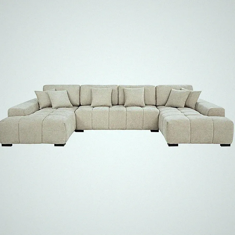 U-SHAPED BEIGE SOFA CHAISE SECTIONAL ACCENTS PILLOWS LIVING ROOM FURNITURE