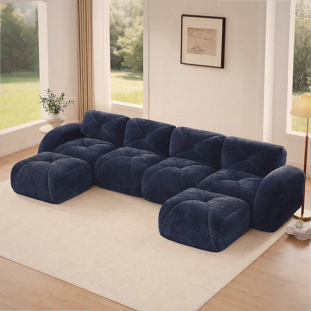 U-Shaped Boneless Modular Sectional Sofa with Tufted Design Velvet Blue