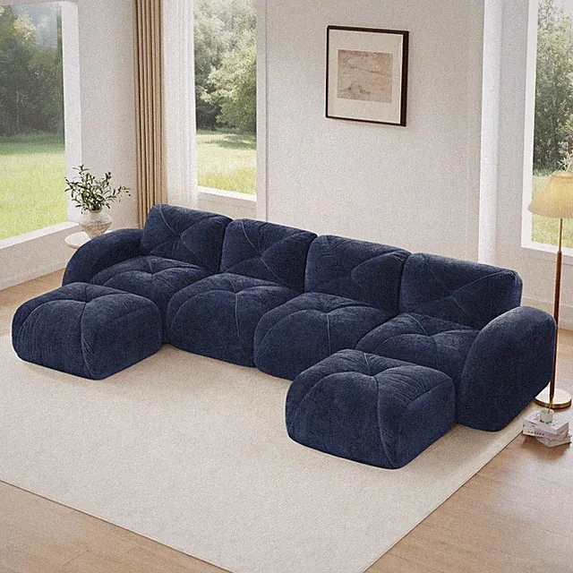 U-Shaped Boneless Sectional Sofa, Tufted, Blue, with Movable Ottomans