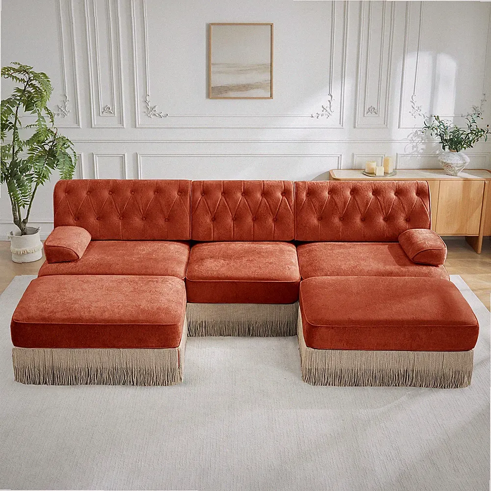 U Shaped Breathable Comfort Velvet Fabric,Chesterfield Style Sofa,Floor-grazi