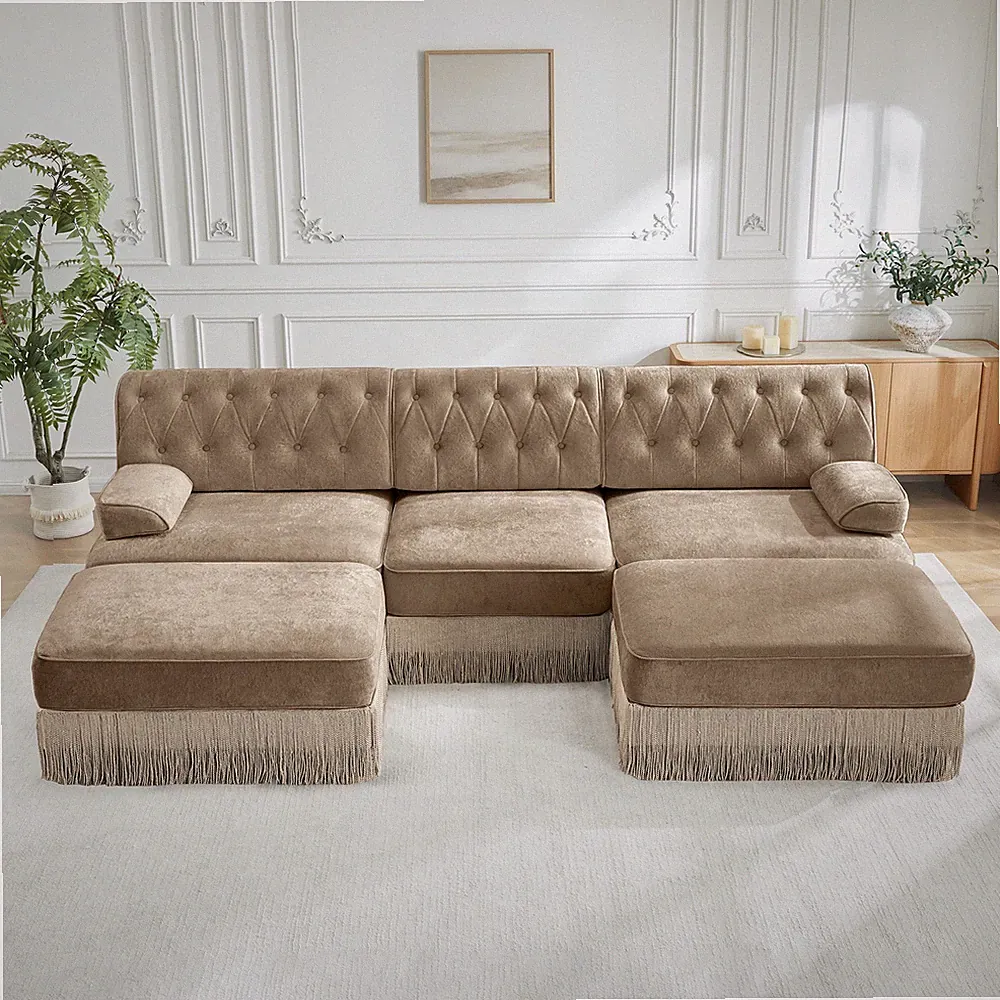 U Shaped Breathable Comfort Velvet Fabric,Chesterfield Style Sofa,Floor-grazin