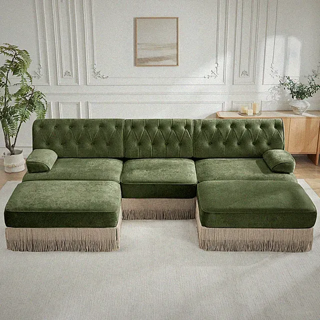 U Shaped Breathable Comfort Velvet Fabric,Chesterfield Style Sofa,Floor-grazing