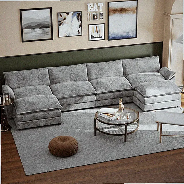 U-Shaped Chenille Modular Sofa with Ottoman - Comfy Dark Grey Couch