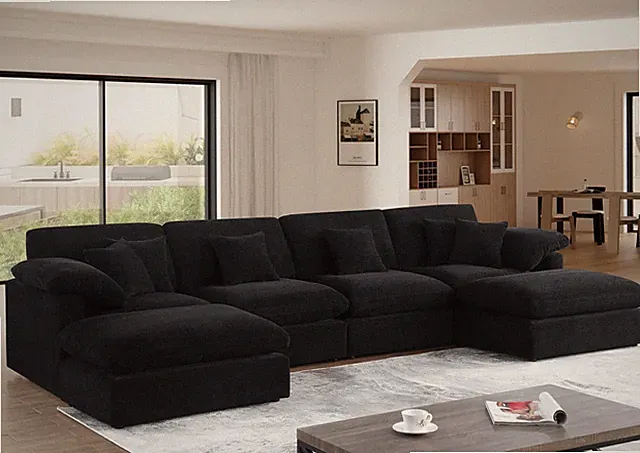U-Shaped Chenille Sectional Sofa Cloud Couch with Ottoman Black