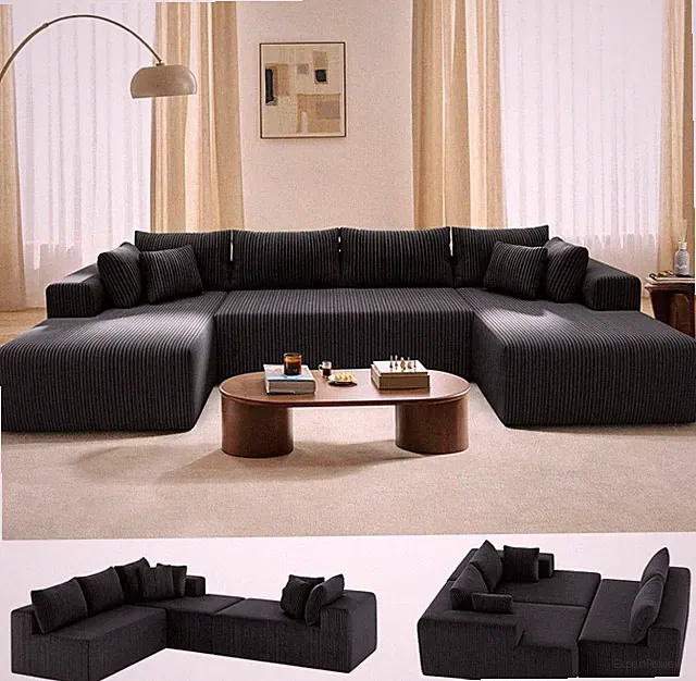 U-Shaped Cloud Couch, 134'' Modular Sofa in Black Corduroy, No Assembly Needed