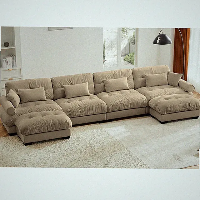 U-Shaped Cloud Couch, 4-Seater Velvet Sofa with Ottomans, Camel Color