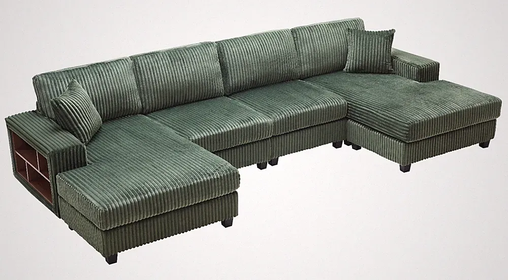 U-Shaped Convertible Sectional Sofa Corduroy Modular Couch With Armrest Storage