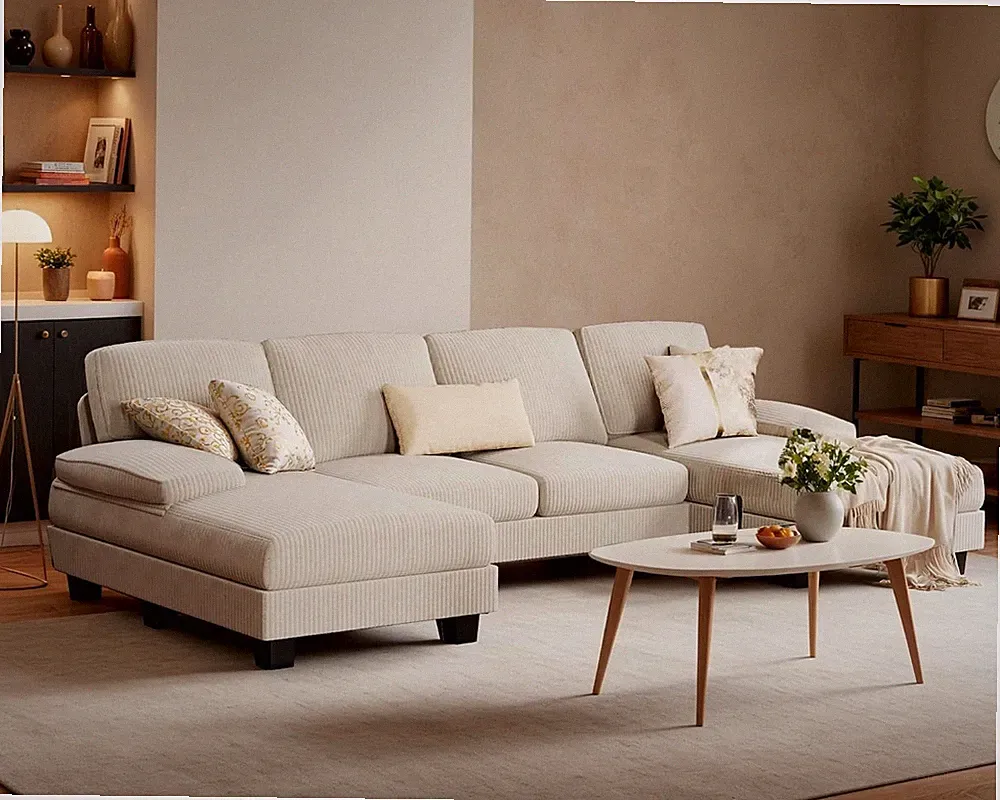 U-Shaped Convertible Sectional Sofa Couch Corduroy Beige | 105.9 inch 4 Seat