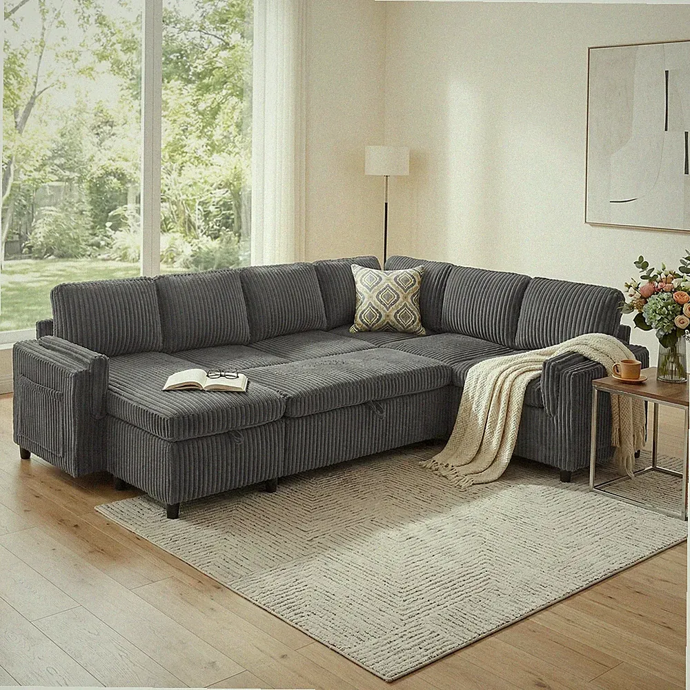 U-Shaped Convertible Sofa Bed with USB Ports & Storage, Grey
