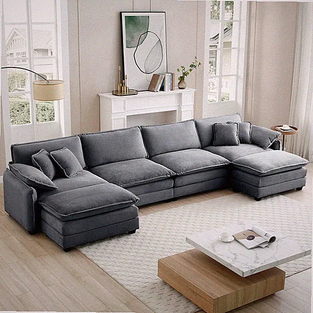 U Shaped Corduroy Sofa Sectional w/ 2 Ottomans, 4 Seat Sofa Couch, Gray