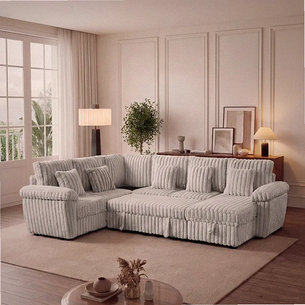 U-shaped corduroy super soft sectional sofa with storage and pull-out bed