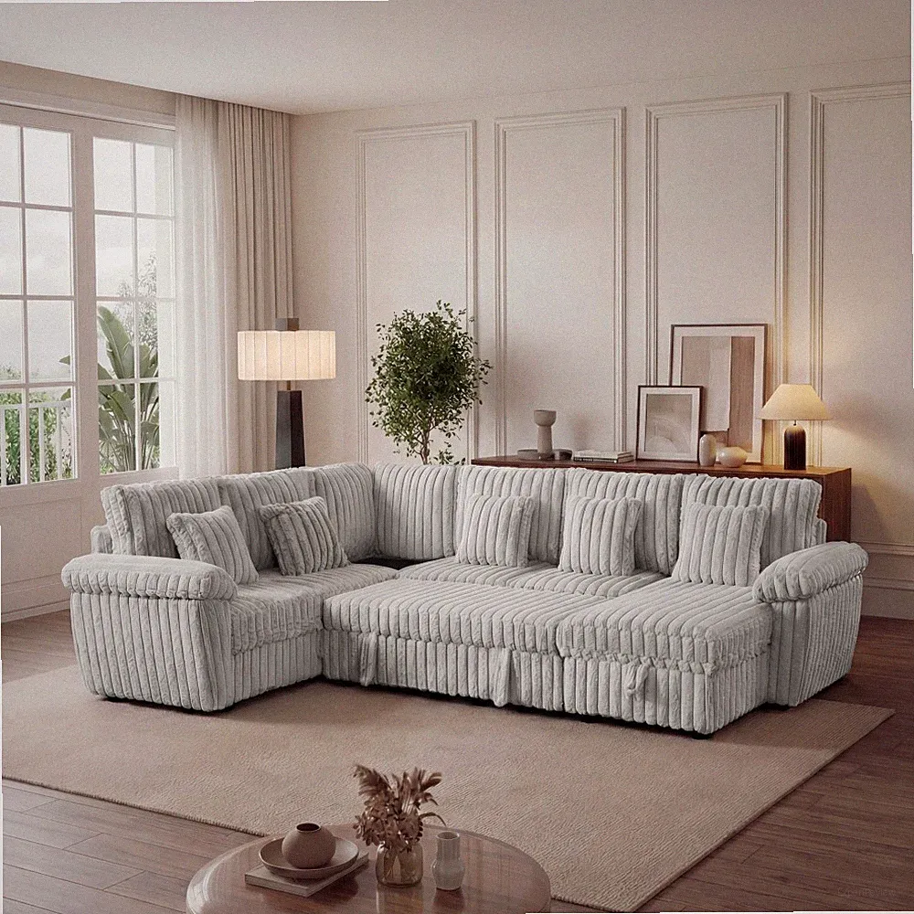U-shaped corduroy super soft sectional sofa with storage and pull-out bed