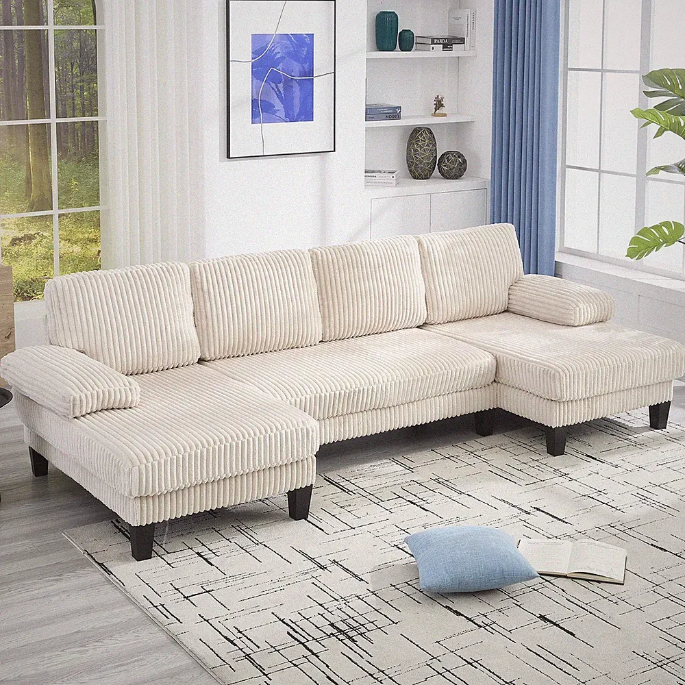 U-Shaped Couch with Oversized Seat,4-Seat Sofa with Double Chaise Beige Sofa Bed
