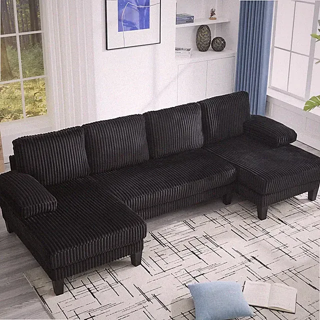 U-Shaped Couch with Oversized Seat,4-Seat Sofa with Double Chaise Black Sofa Bed