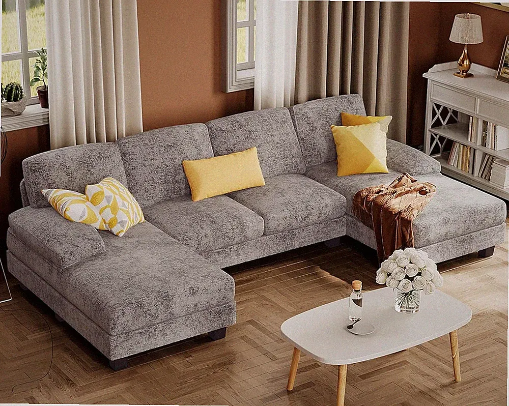 U-Shaped Grey Sectional Couch with Double Chaise for Living Room