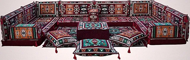 U Shaped Maroon Arabic Sofa Seating Set – Low Modular Sofa for Living Room