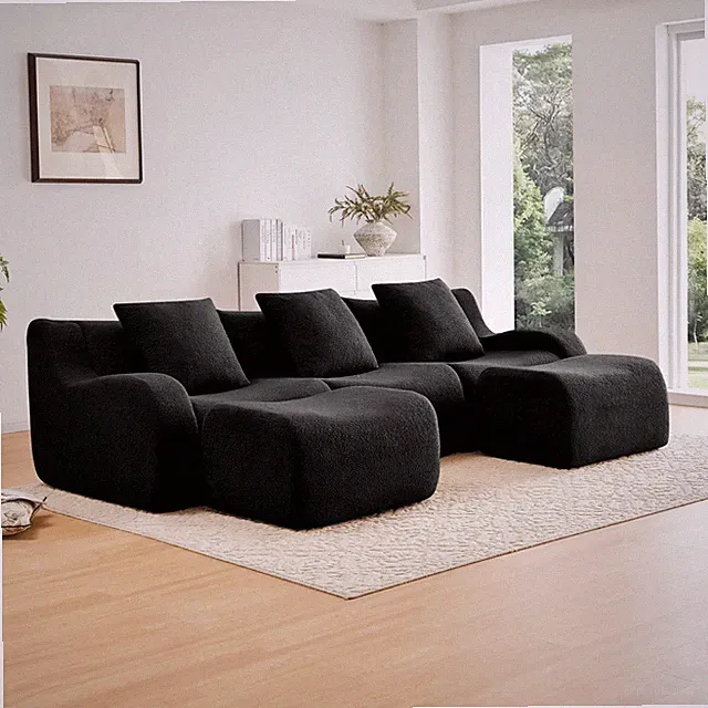 U-Shaped Modular Boneless Sectional Sofa with Soft Teddy Fabric Black