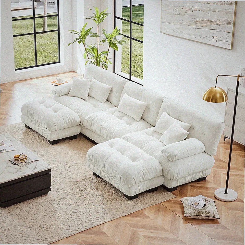 U-Shaped Modular Cloud Sectional Sofa Chenille White, Deep Seat w/ 2 Ottomans