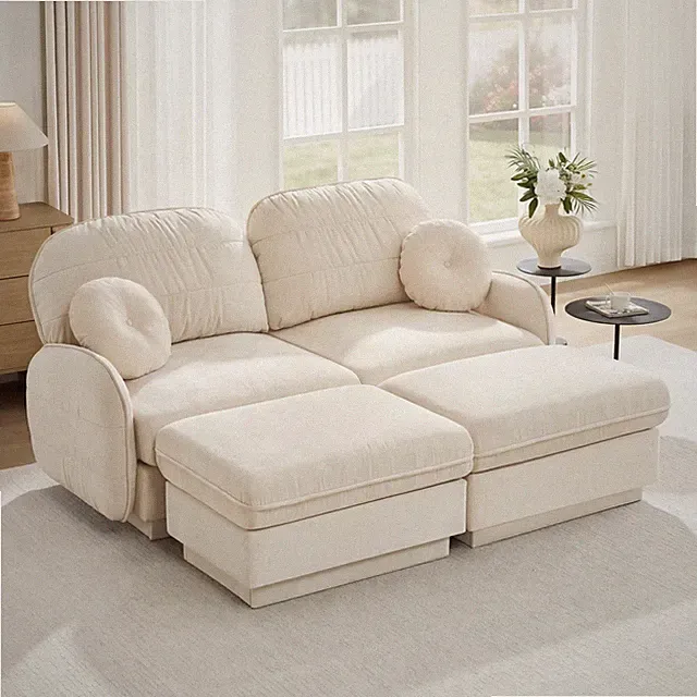 U-Shaped Modular Loveseat Chenille with Storage Ottomans Cream Beige