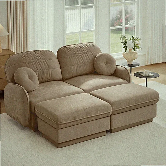 U-Shaped Modular Loveseat Chenille with Storage Ottomans Light Coffee
