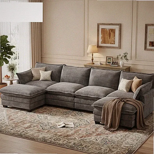 U-Shaped Modular Sectional Couch 116W 54.6D 30H Chenille Fabric Gray