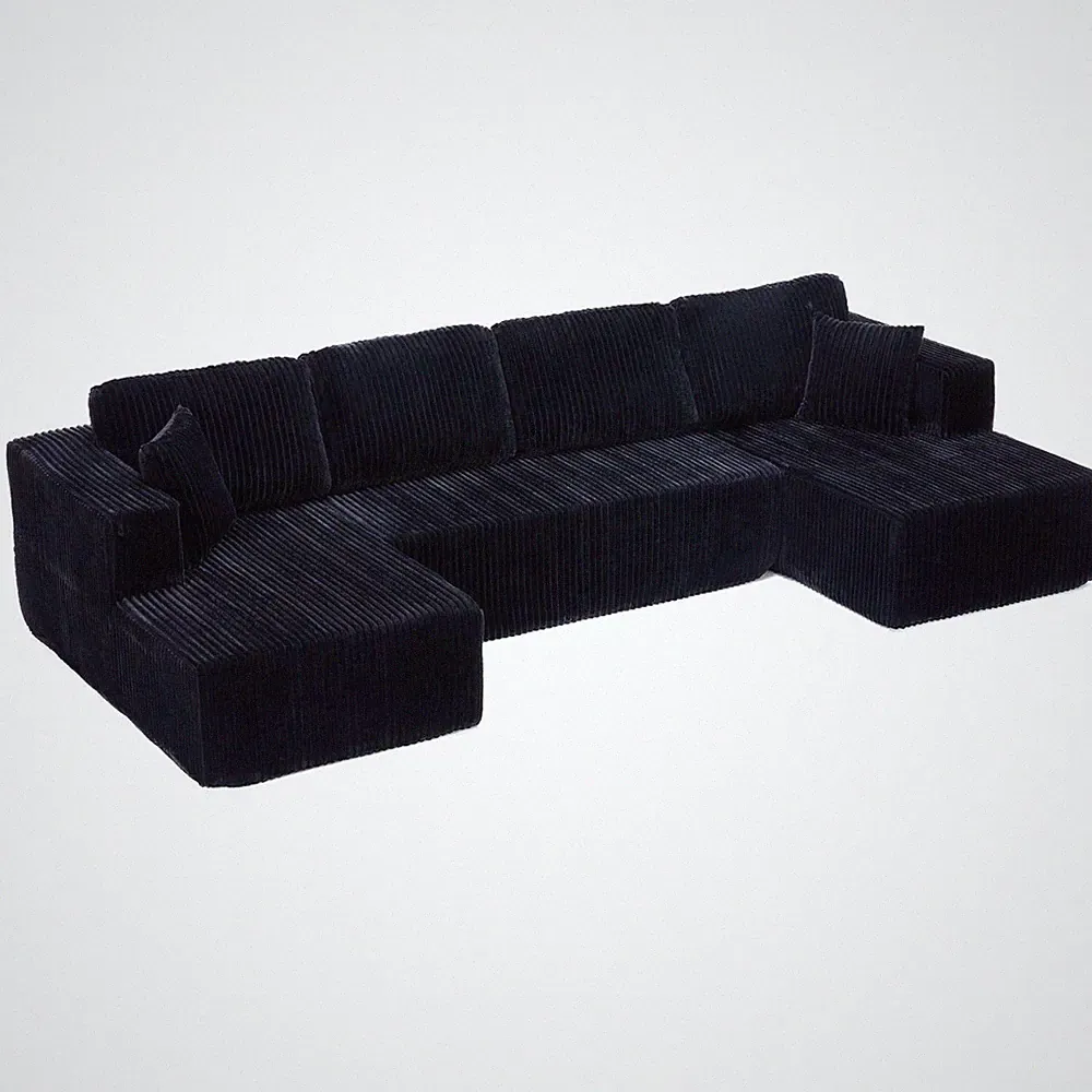 U-Shaped Modular Sectional Sofa 130" Corduroy 4-Seat Sleeper Couch Chaise Black