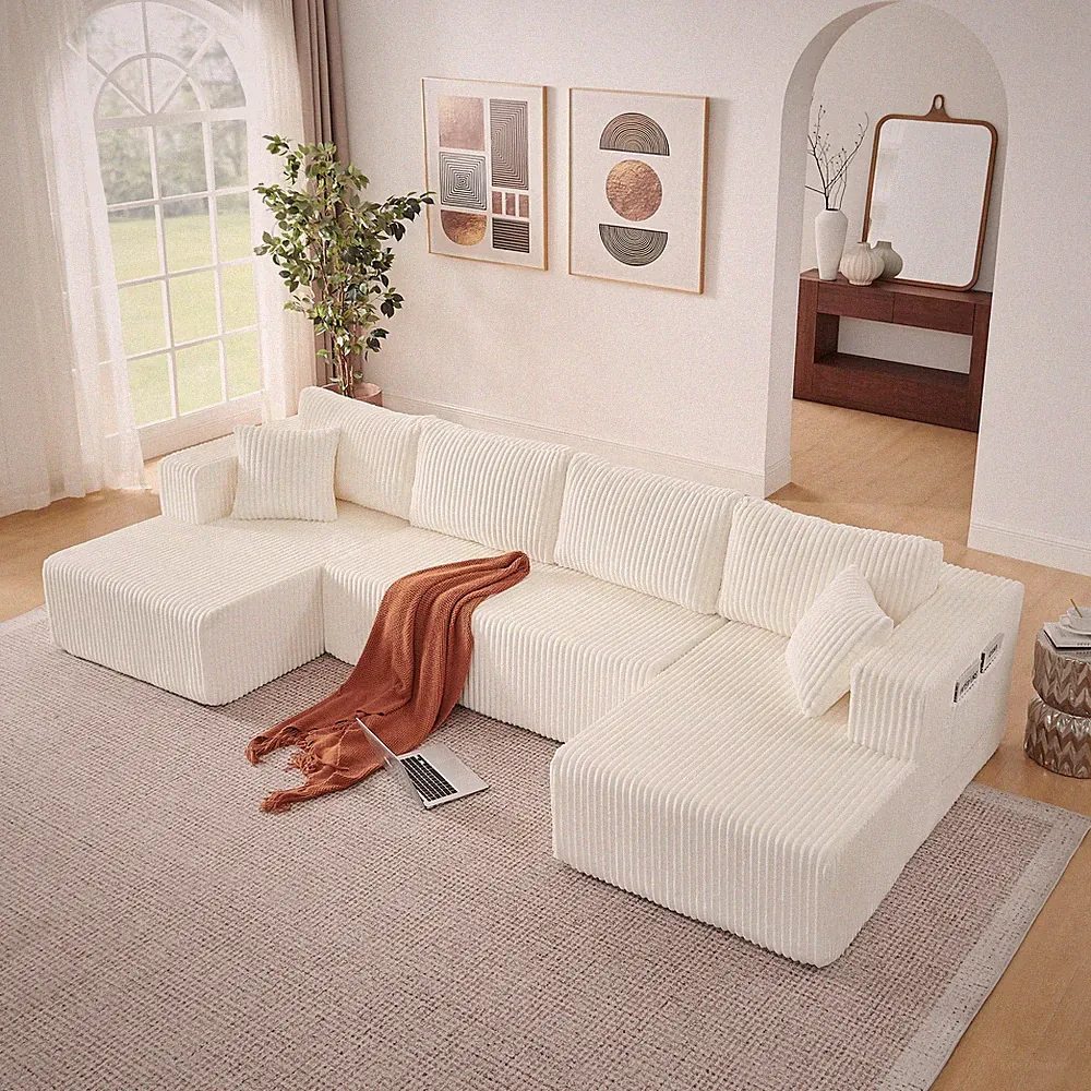 U Shaped Modular Sectional Sofa,132" Comfy Compressed Cloud Couch w/Side Pocket