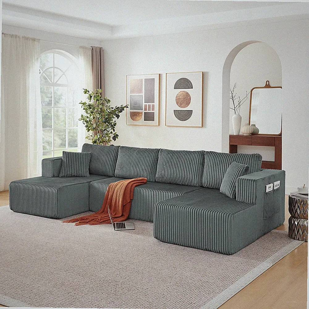 U Shaped Modular Sectional Sofa,132" Comfy Compressed Cloud Couch w/Side Pocket