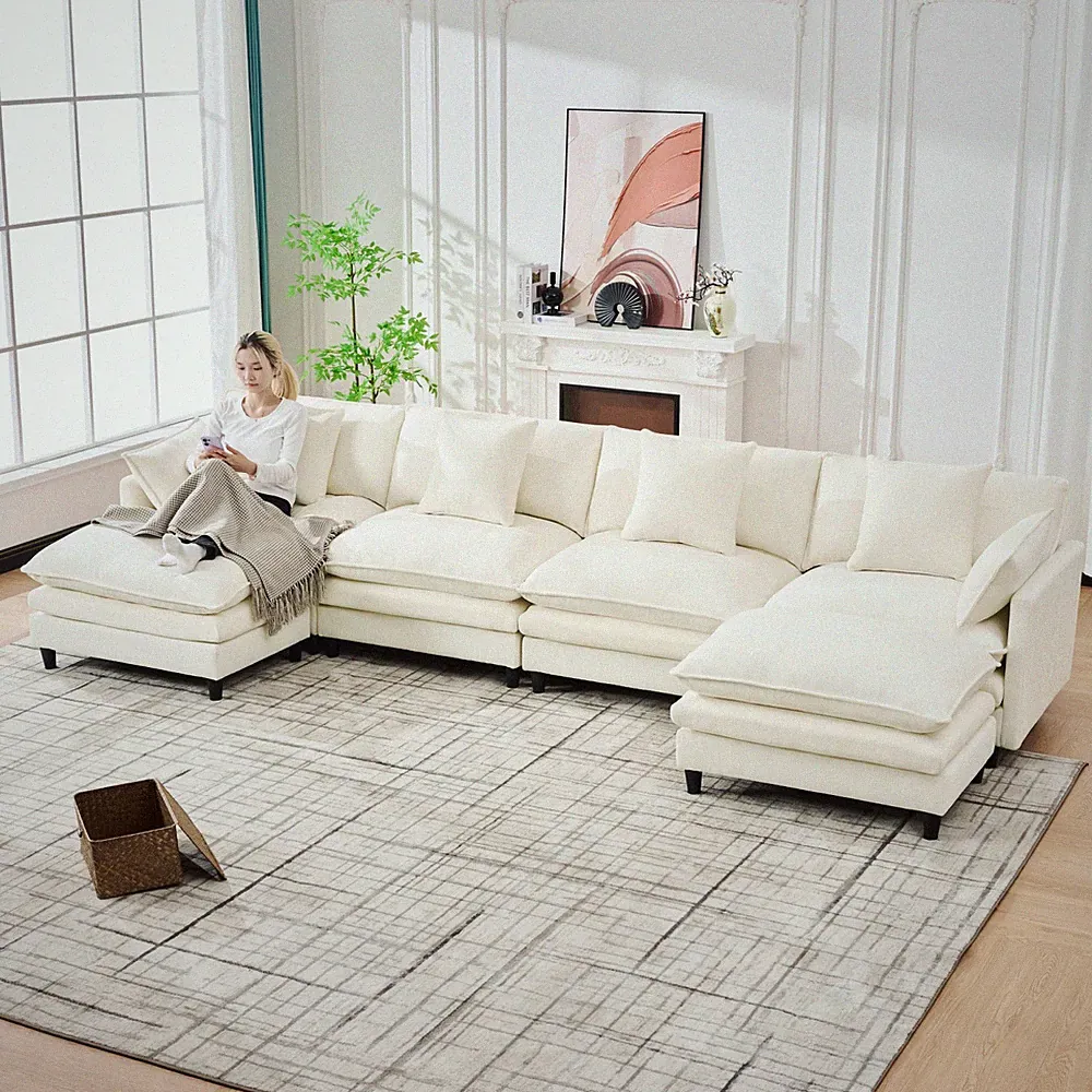 U-Shaped Modular Sectional Sofa, 140.9", Beige Chenille, 4-Seat w/ Ottomans