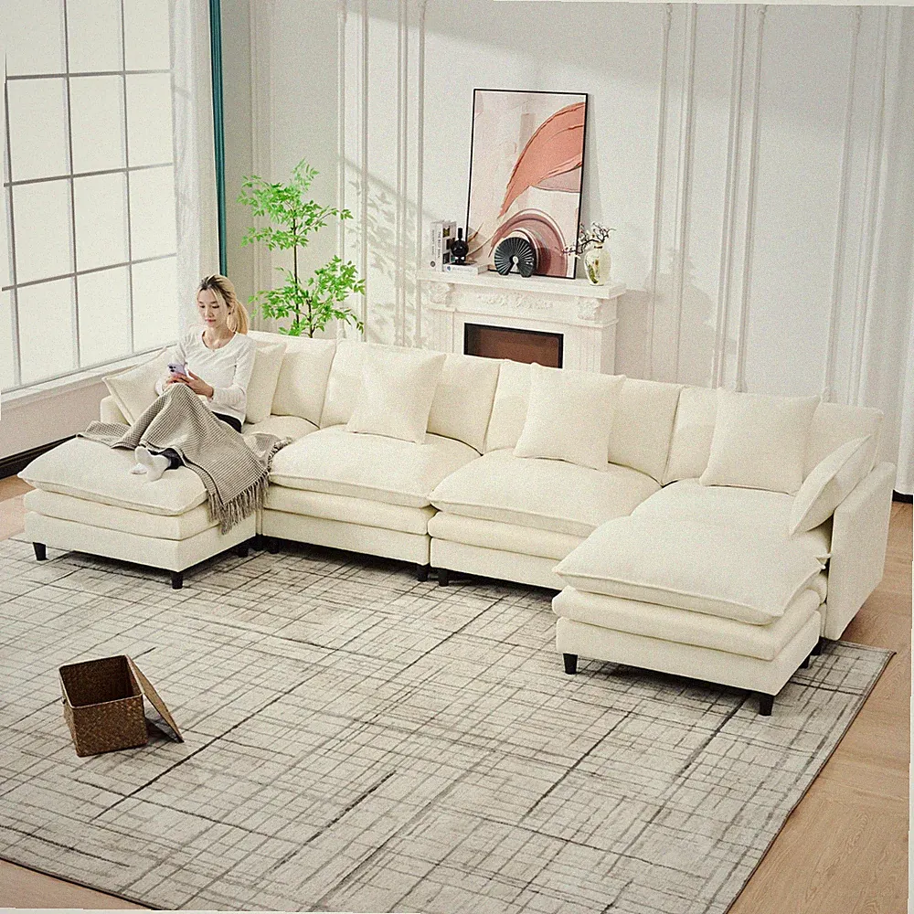 U-Shaped Modular Sectional Sofa 140.9" W, Chenille, Beige, w/ Ottomans