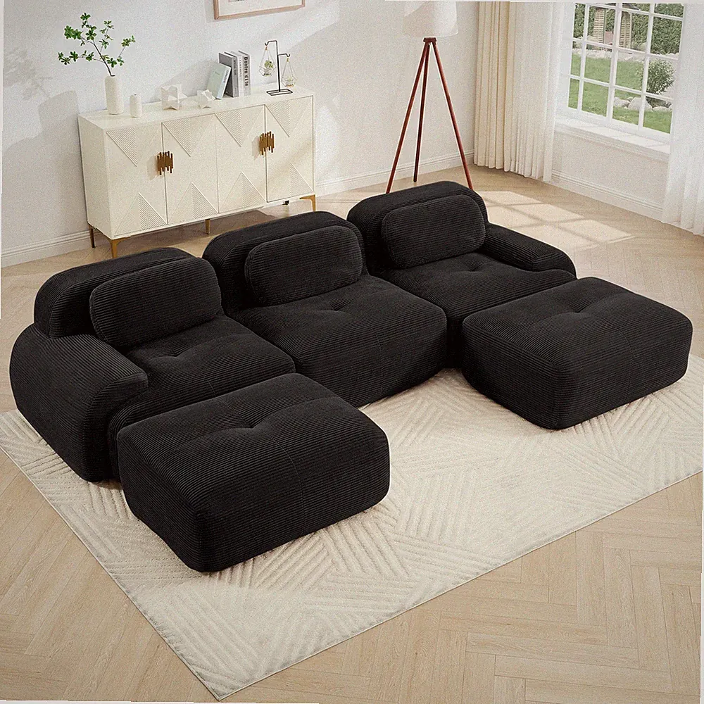 U-Shaped Modular Sectional Sofa 3-Seat, Black Corduroy Fabric