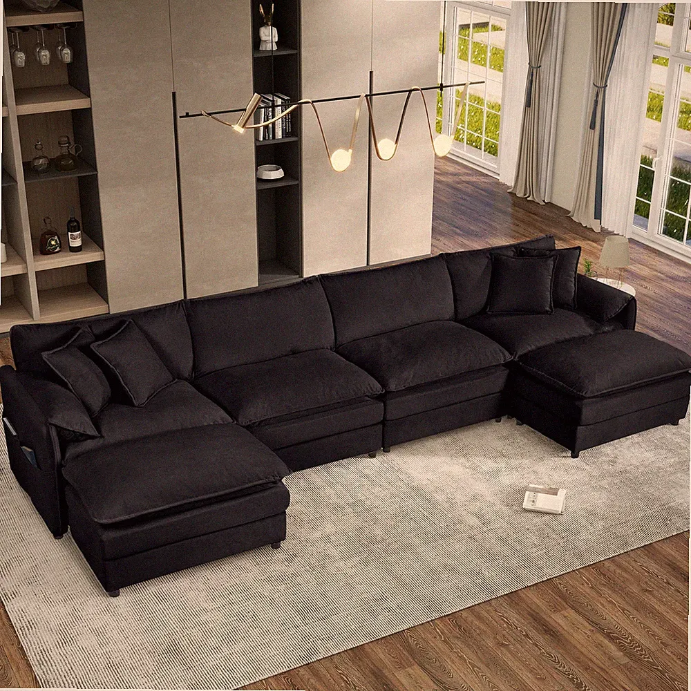 U-Shaped Modular Sectional Sofa, 4-Seater with 2 Ottomans, Chenille, Black
