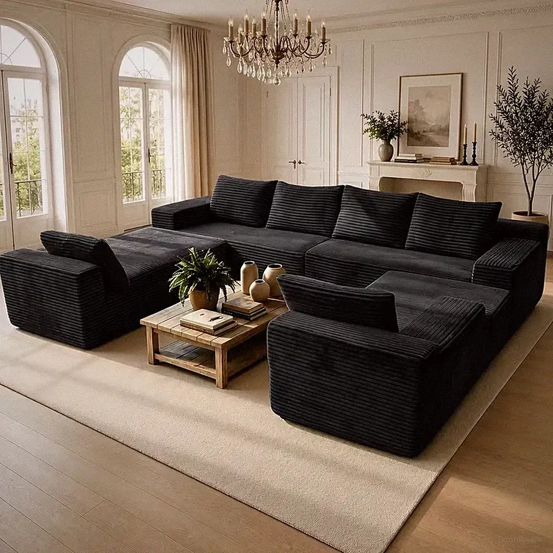 U-Shaped Modular Sectional Sofa 8-Seater Corduroy Cloud Couch Double Chaise