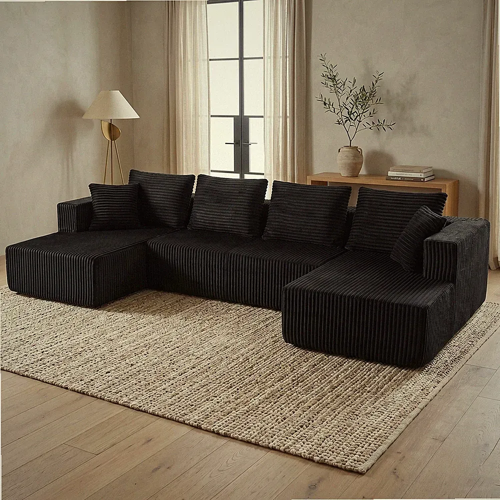 U-Shaped Modular Sectional Sofa, Black Corduroy, Double Chaise, Deep Seat