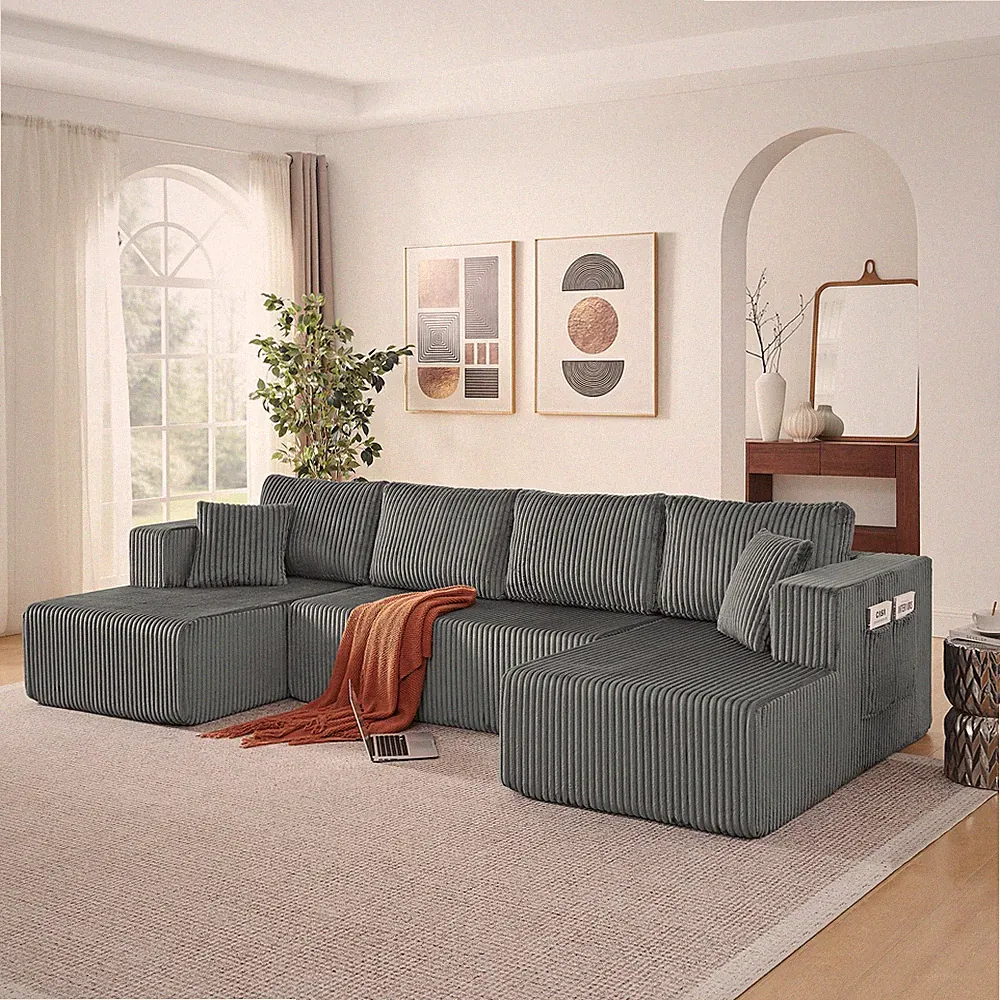 U Shaped Modular Sectional Sofa Comfy Cloud Couch Corduroy 132 Inch Grey