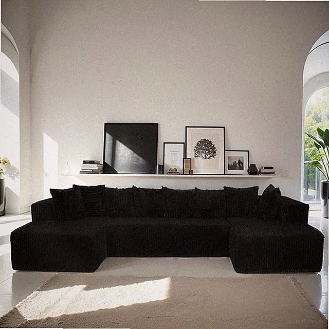 U-Shaped Modular Sectional Sofa, Corduroy, 4 Seats, Black