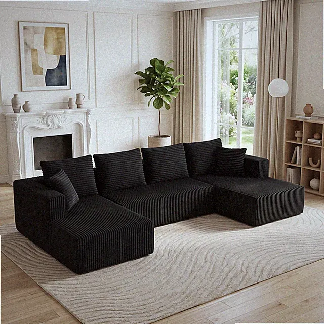 U-Shaped Modular Sectional Sofa, Corduroy, Black, Double Chaise