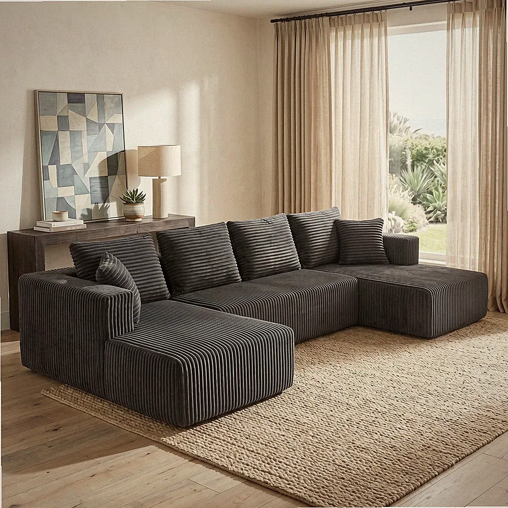 U-Shaped Modular Sectional Sofa Corduroy Double Chaise Gray