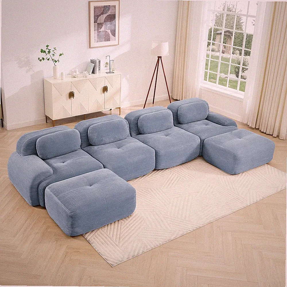 U-Shaped Modular Sectional Sofa, Corduroy Fabric, No Assembly, 32D Foam, 4 Seat