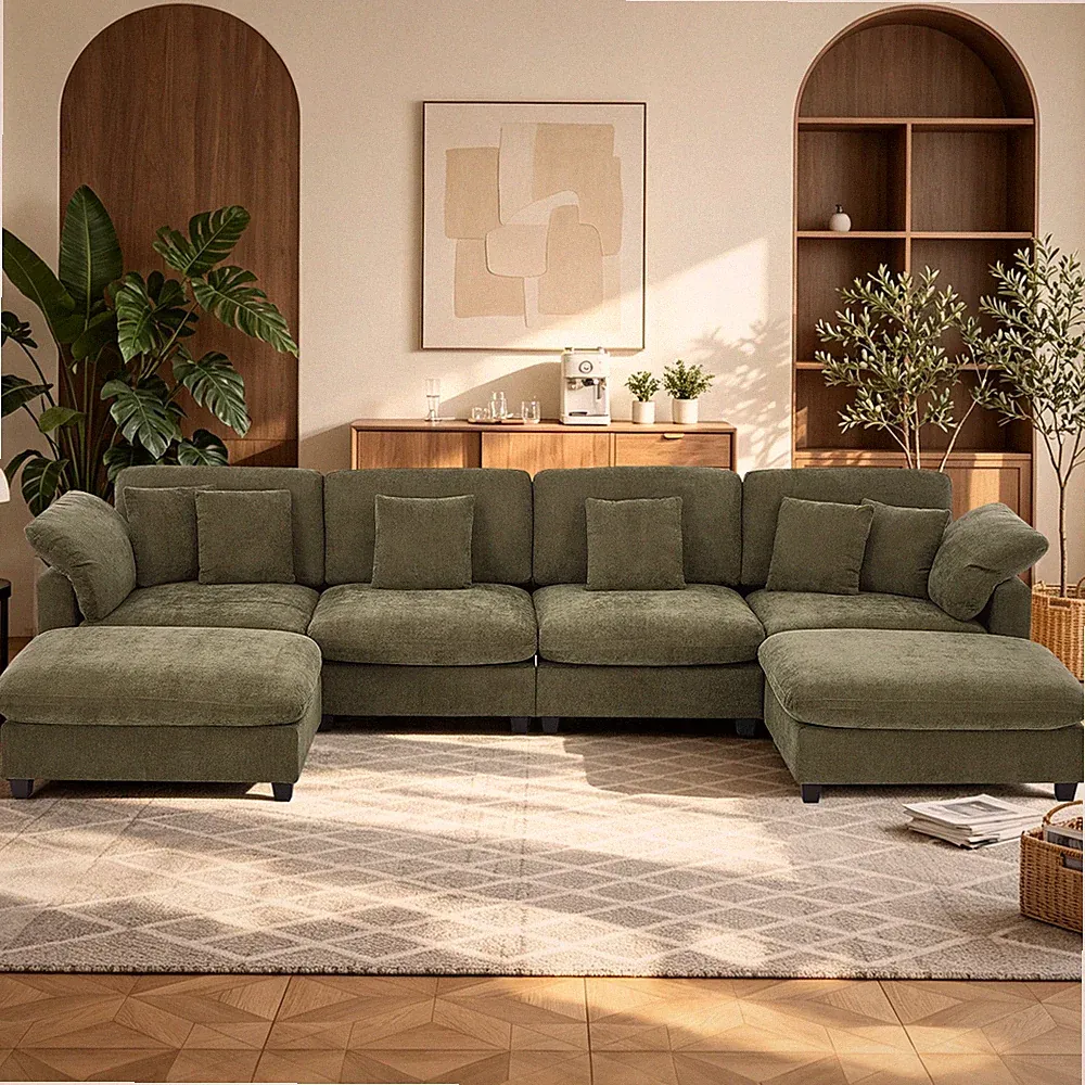 U Shaped Modular Sectional Sofa Deep Seat Cloud Couch with 2 Ottomans&6 Pillows