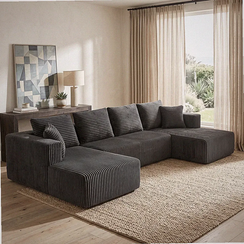 U-Shaped Modular Sectional Sofa, Gray Corduroy, Double Chaise, Deep Seat