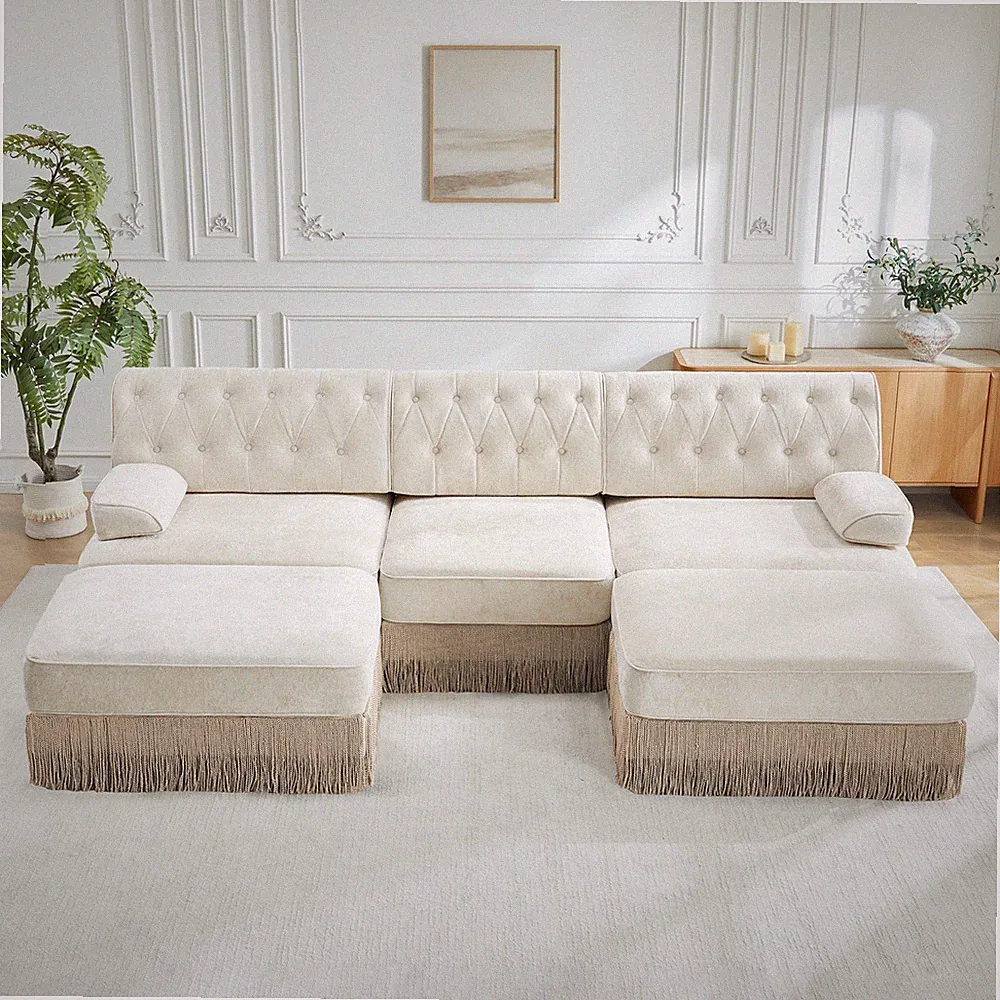 U Shaped Modular Sectional Sofa Living Room Velvet Chesterfield 3 Seats Beige