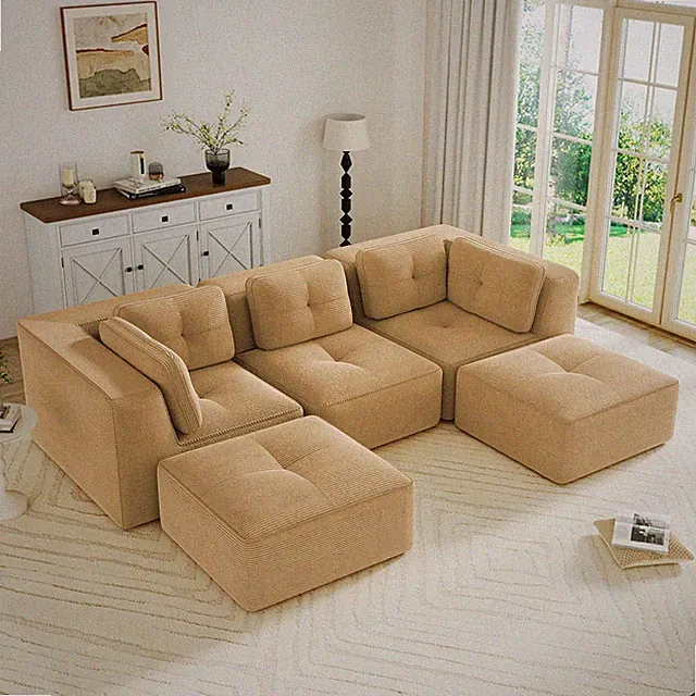 U-Shaped Modular Sectional Sofa, Modern Corduroy Living Room Cloud Couch Grey