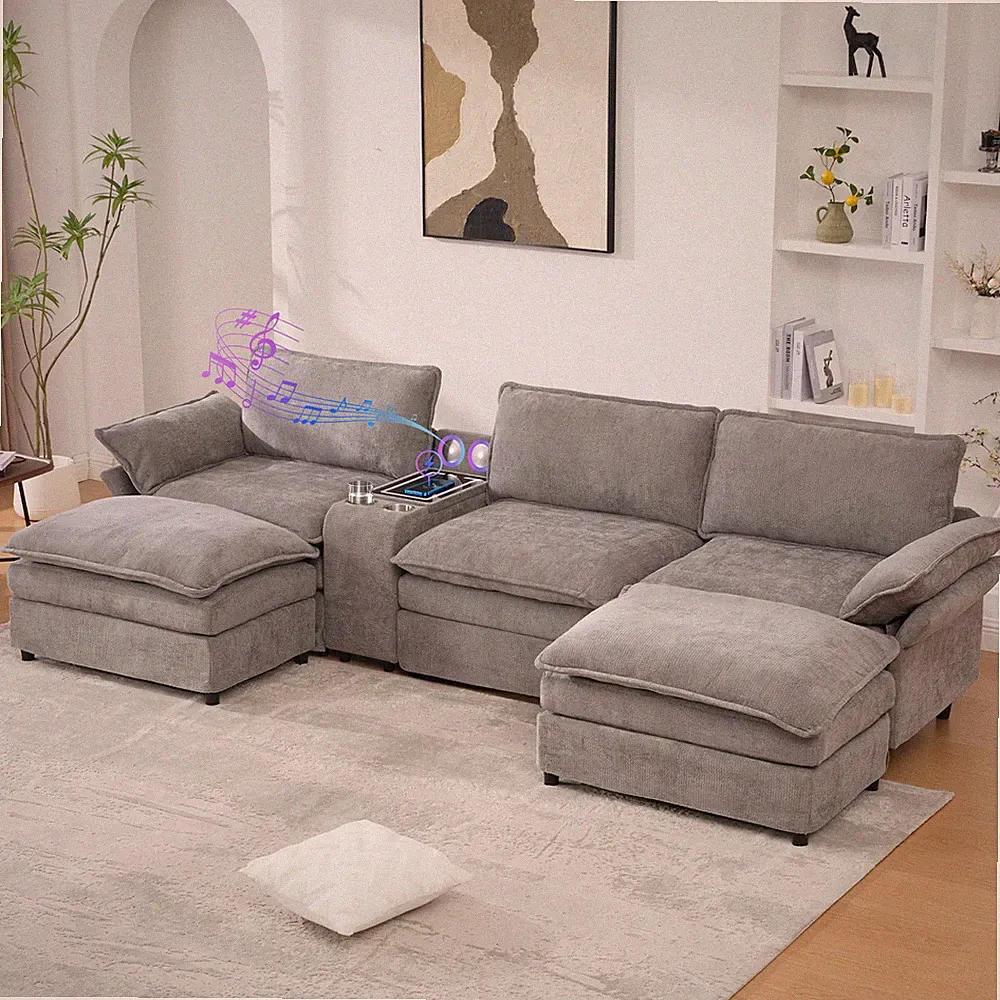 U Shaped Modular Sectional Sofa,Storage Console & Wireless Charging,2 Cup Hold