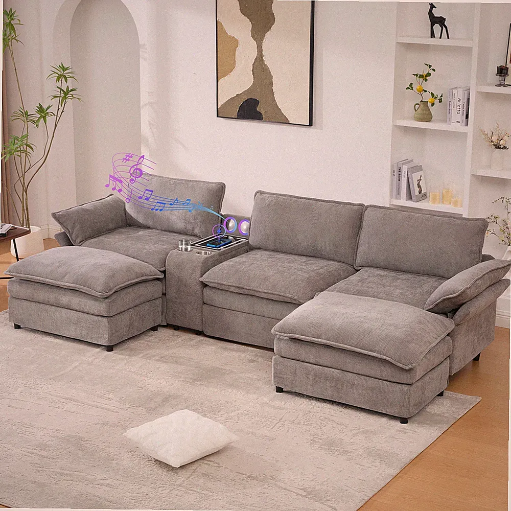 U Shaped Modular Sectional Sofa,Storage Console & Wireless Charging,2 Cup Holder