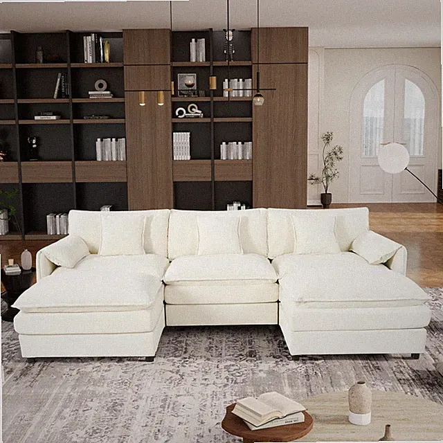 U Shaped Modular Sectional Sofa w/ 2 Ottomans, 5 Seater, Chenille, Modern, Beige